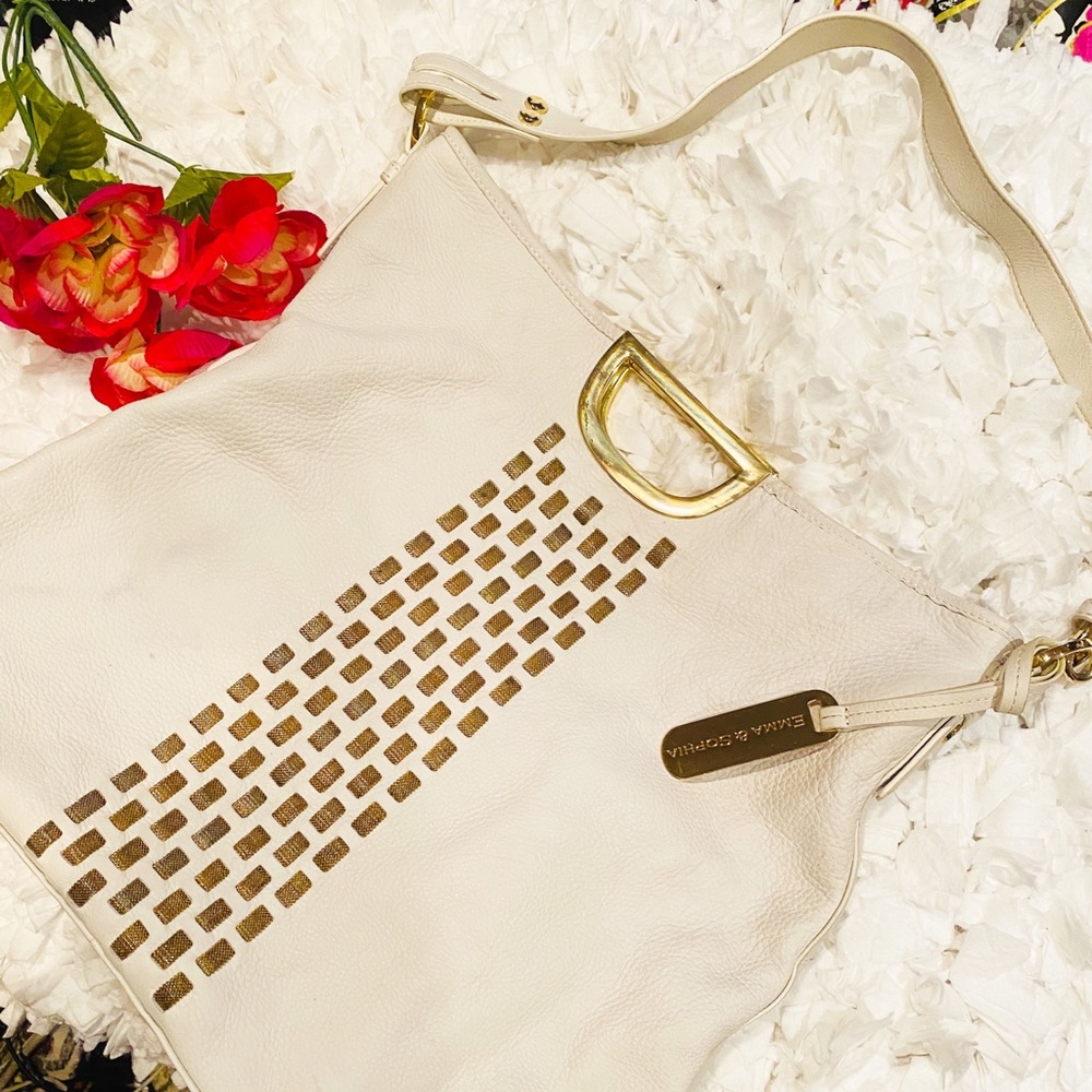 Emma & Sophia Ecru Leather Purse w/ Gold Braiding